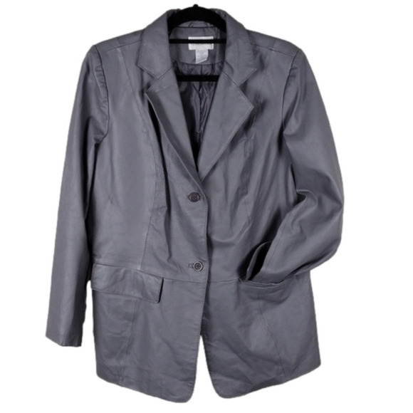 Chadwick's Grey Leather One Notched Collar Long Sleeve Button Front Blazer Coat - Picture 1 of 9